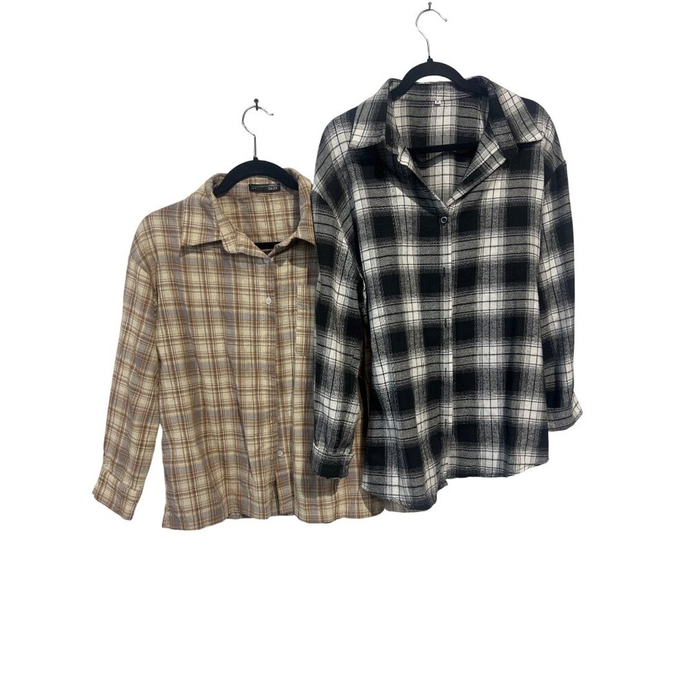 Dazy Women's Plaid Button-Down Shirts Set Black & Brown Size M